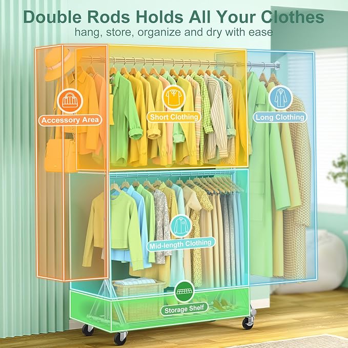 Heavy Duty Rolling Clothes Rack with Double Rods for Hanging Clothes, Adjustable & Extendable Metal Clothing Rack, Garment Rack With Wheels Shelf, Sturdy Freestanding Closet Rack, 100% Stainless Steel