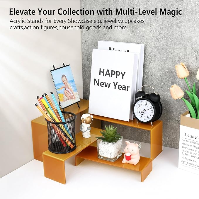 ELEGANTLIFE Acrylic Display Risers Set of 4, 4-Level Tiered Display Stands for Cupcakes, Small Figures & Jewelry, Compact Countertop Display Shelf, Multiple Colors Available (Gold)