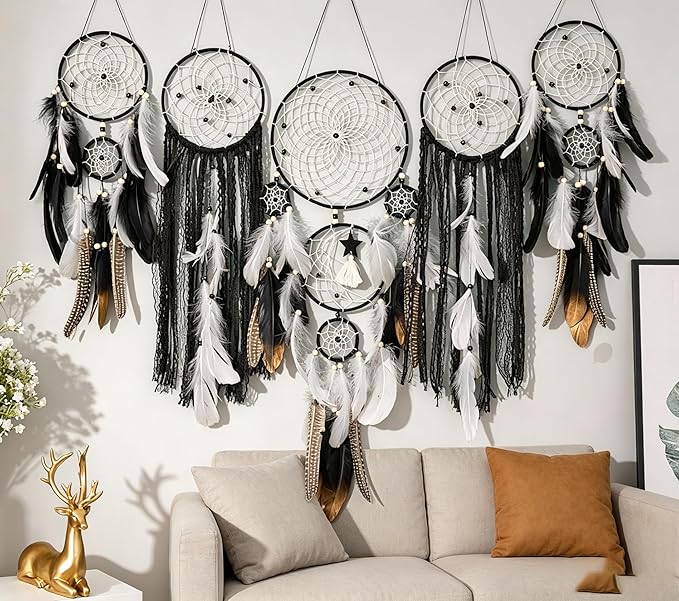 Set of 5 Boho, Hanging Large Boho Dream Catcher Macrame Wall Hanging Moon Dream Catcher Set Dream Catchers Wall Decor for Vintage Wedding Home Decorations (Black)