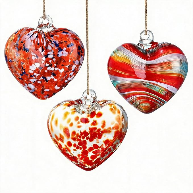 4inch Hand Blown Glass Red Heart Ornaments Hanging Friendship Hearts for Patio Garden Outdoor Decor Unique Gift Valentine's Day Decorations for Lover