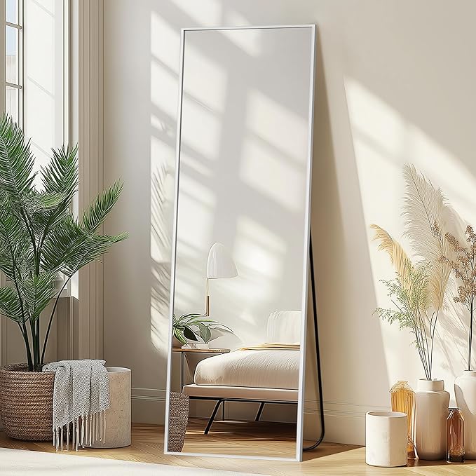 Delma Full Length Mirror,Large Floor Mirror with Aluminum Frame for Bedroom, Bathroom, Living Room,Wall Mount or Freestanding Design, Silver, 56" L x 15" W x 1Pcs