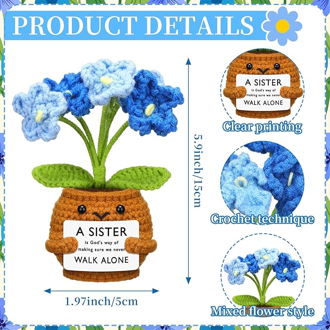 Wavwavw Sister Gifts Handmade Crochet Doll with Card Crochet Present for Sisters Sis Big Little Sister Birthday Wedding Home Decor (Blue Myosotis)