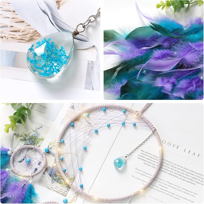 KHOYIME LED Light Up Dream Catcher Half Circle Moon Decor with Lights Handmade Feather Dreamcatchers for Bedroom Bohemian Home Decor Wedding Ornament Craft Gift (Purple&Blue)