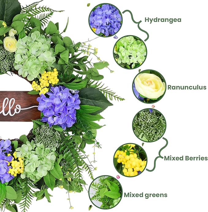 24” Spring Summer Wreaths for Front Door, Greenery Front Door Wreath with Hello Sign for Indoor Outdoor Porch Window Wall, Artificial Floral Wreath with Hydrangeas Berries for Home Decor