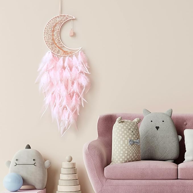 Moon Dream Catchers with Chakra Gemstone Agate Stone, Crystal Tree Life Dream Catchers Wall Hangings Room Decor (Pink)