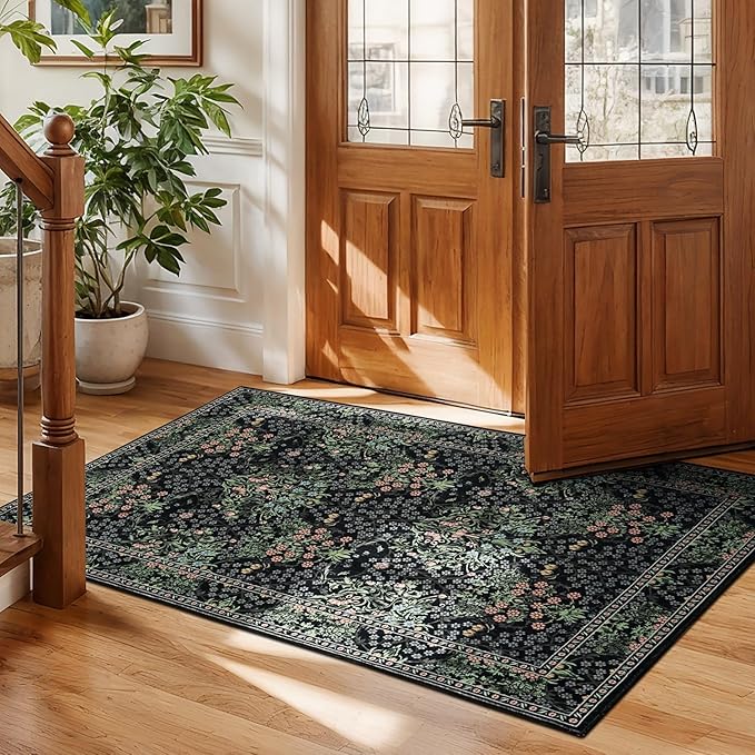 Lessymo Floral Black Green 3x5 Area Rugs for Entryway, Kitchen, Bedroom Beside Rug Soft Non-Slip Small Carpet for Living Room, Laundry Room, Vintage Distressed Boho Flower Print