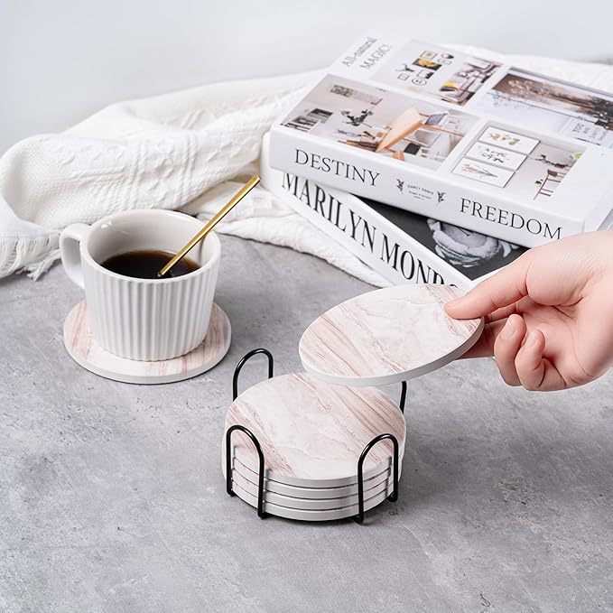 Hoewina 6Pcs Drink Coasters with Holder, Marble Style Ceramic Drink Coaster, Absorbent Coasters Set Suitable for Kinds of Cups, Modern Style Coasters for Coffee Table, 4 Inches（Render Style）
