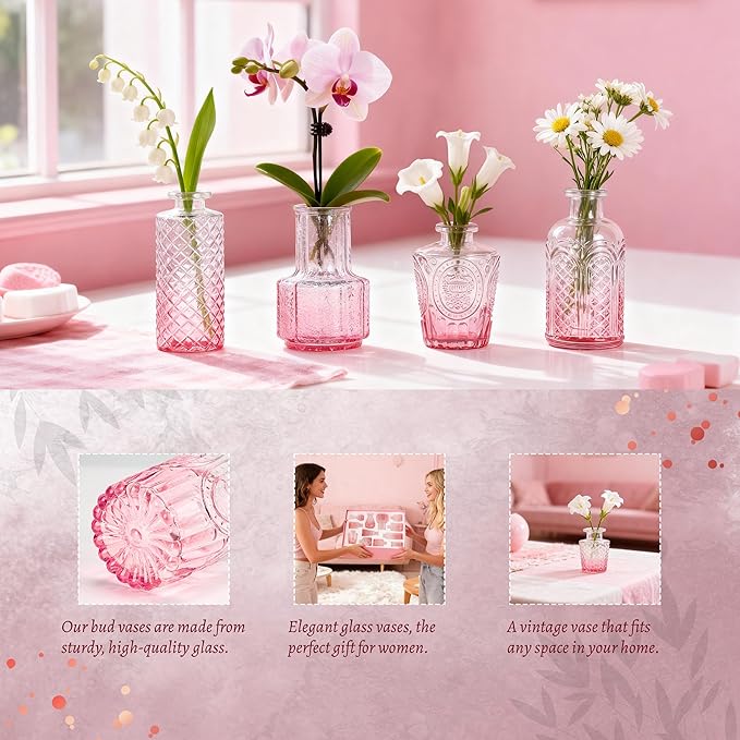 Der Rose Pink Glass Bud Vases Set of 20, Small Bud Vases for Flowers, Rustic Wedding Centerpieces and Home Decor