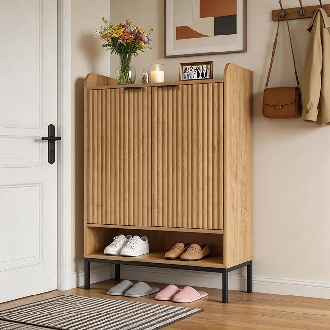 Modern Shoe Cabinet with Fluted Door,5-Tier Farmhouse Shoe Cabinet with 3 Adjustable Shelves,41.5'' Tall Wooden Shoe Rack Organizer Cabinet for Entryway, Hallway,Living Room,Natural