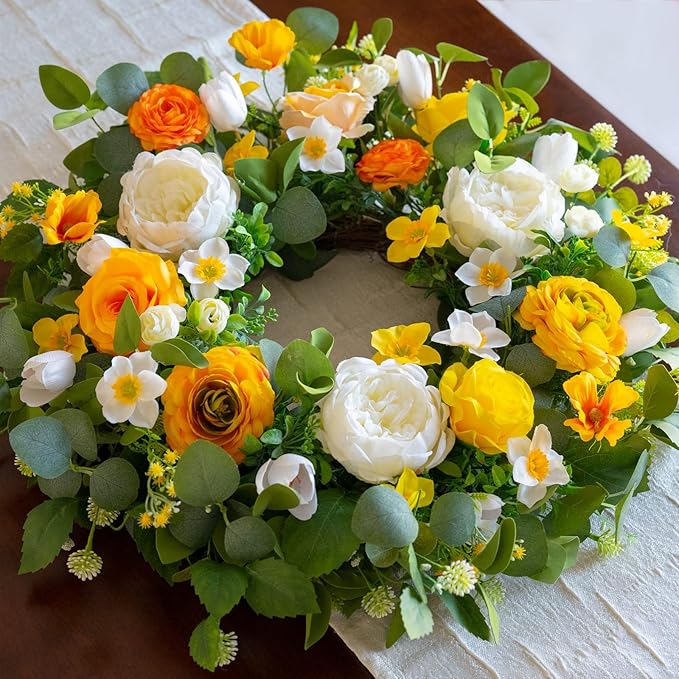 Spring Wreaths for Front Door Outside 24 Inch Yellow & White Spring Summer Wreath with Peony Rose Ranunculus Daffodil & Greenery, Indoor Outdoor Vibrant Hanging Season Decor for Wall Porch