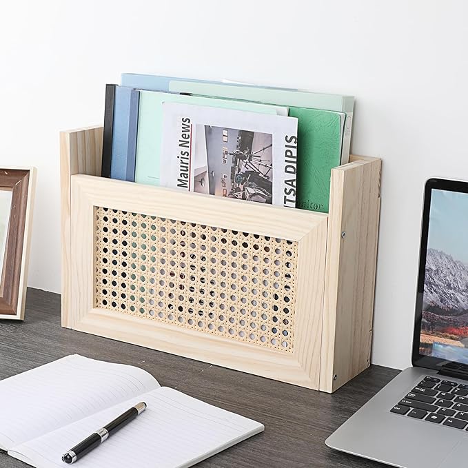 BTSKY Wooden Hanging Magazine Rack, Wall Mounted Magazine Holder Modern Rattan Hollow-out Design Mail Organizer, Assembly File Holder Letter Holder Wall Rack for Home & Office - 15x4x9.9 Inch