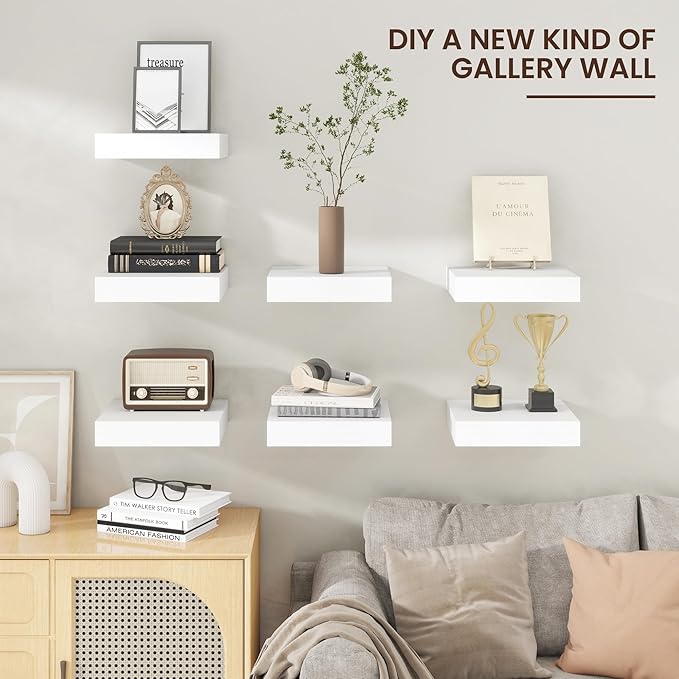 Venusmiles Square Floating Shelves for Wall, 12" W x 12" D x 2" H, 2 Pack of Small Wall Mounted Engineered Wood Shelves with Invisible Brackets for Living Room, Bedroom, Bathroom, Kitchen Decor, White