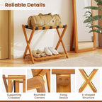 Goplus Luggage Rack for Guest Room Set of 2, Folding Suitcase Stand with Storage Shelf, Acacia Wood Frame & 5 Nylon Straps, Fully Assembled 27" Luggage Stand for Bedroom, Hotel, Holds up to 200 LBS