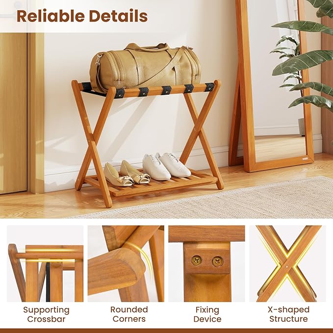 Goplus Luggage Rack for Guest Room Set of 4, Folding Suitcase Stand with Storage Shelf, Acacia Wood Frame & 5 Nylon Straps, Fully Assembled 27" Luggage Stand for Bedroom, Hotel, Holds up to 200 LBS