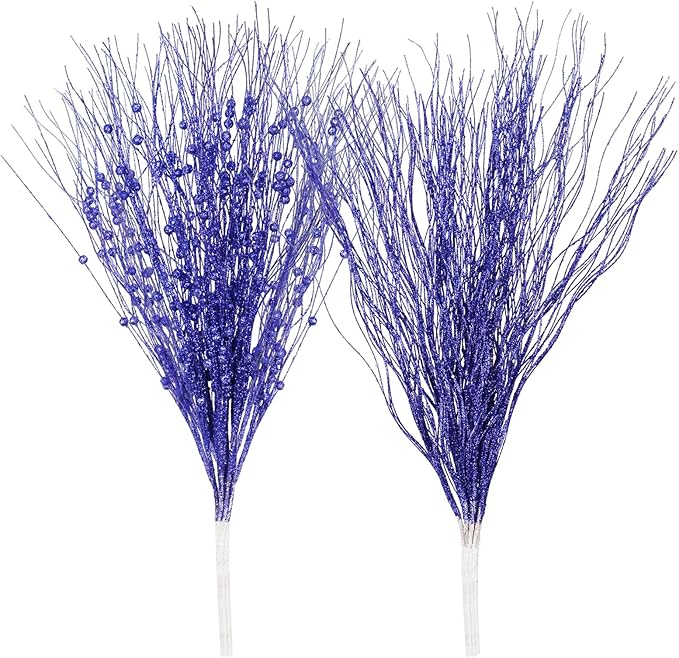 SLK 16-Pack Artificial Glitter Berry Stem Ornaments, Christmas Decorative Glittery Twigs, Picks, Branches for Tree, Wreath, Small Vase, Halloween Party (Royal Blue)