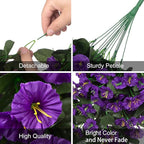 HyeFlora Artificial Fake Hanging Flowers Plants for Outdoor Outside Summer Decoration, 2PCS Faux Silk Morning Glory Purple UV Resistant Look Real Trailing Vines for Home Planter Porch Patio