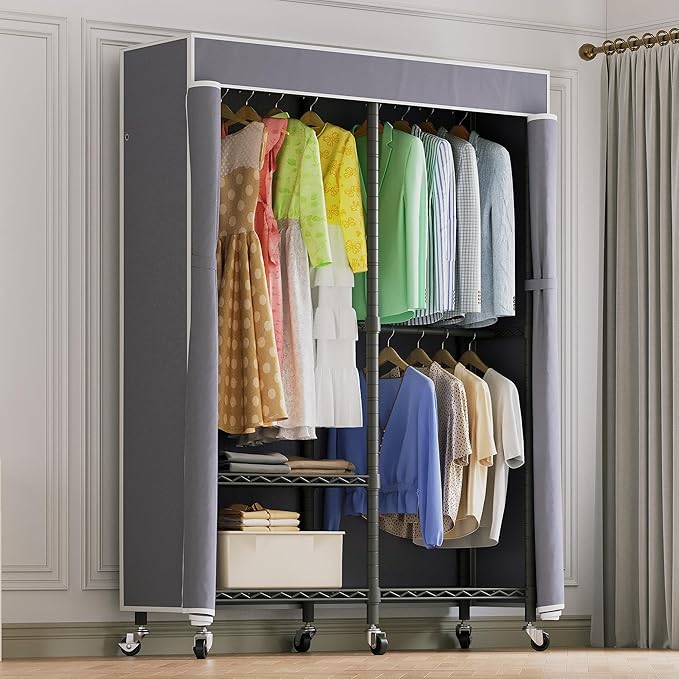 H9 Heavy Duty Rolling Clothes Rack with Cover, Covered Garment Rack with Wheels and Shelves, Wardrobe Closet, Portable Closet for Hanging Clothes, Black Clothing Rack with Grey Cover