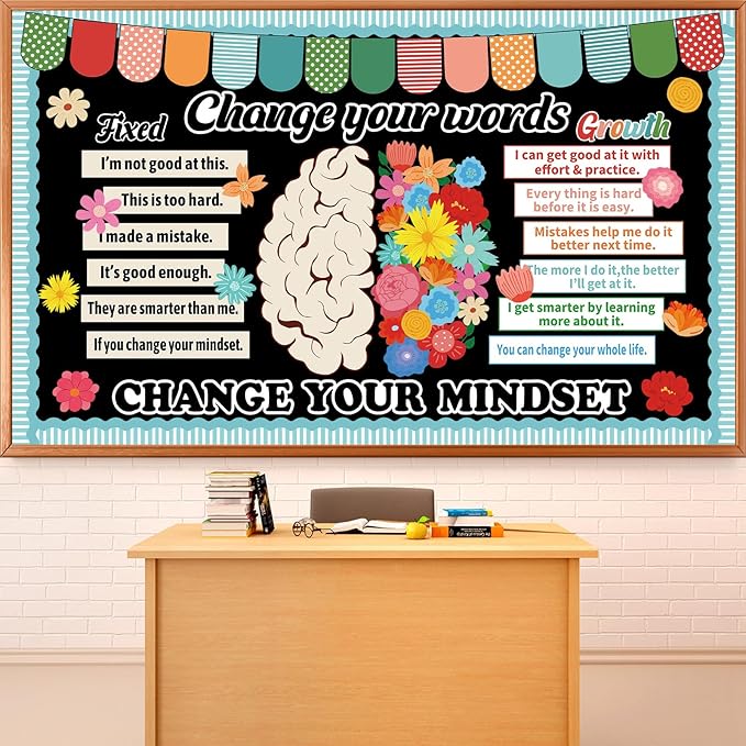 Growth Mindset Bulletin Board Classroom Decoration Flower Themed Change Your Mindset Bulletin Board Set Daisy Brain Cutouts Spring Positive Sayings Posters Decor for Back to School Teacher