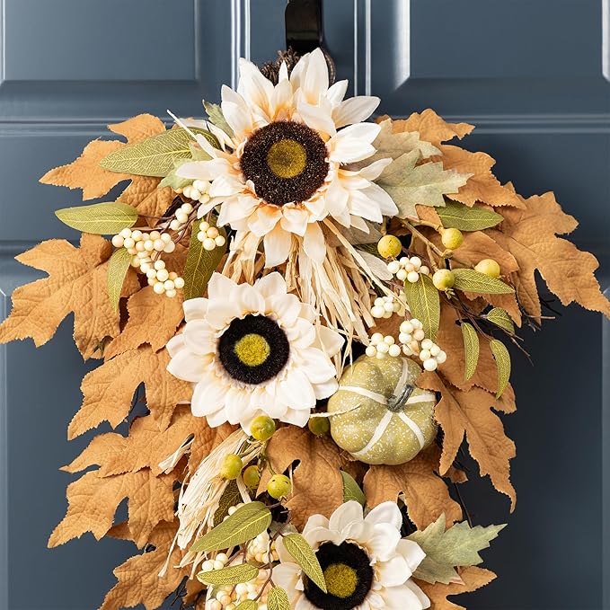 Glitzhome 2 Pcs Fall Teardrop Swags for Front Door, 28''H Autumn Swag with Neutral Sunflower, Pumpkin and Leaf, Fall Swags for Front Door, Thanksgiving Harvest Festivals Decor