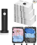 Vacuum Bags for Travel with Rechargeable Pump, 15 Combo (5L/5M/5S) Compression Packing Seal Bags for Luggage Suitcase, Space Saver for Clothing and Clothes Storage Travel