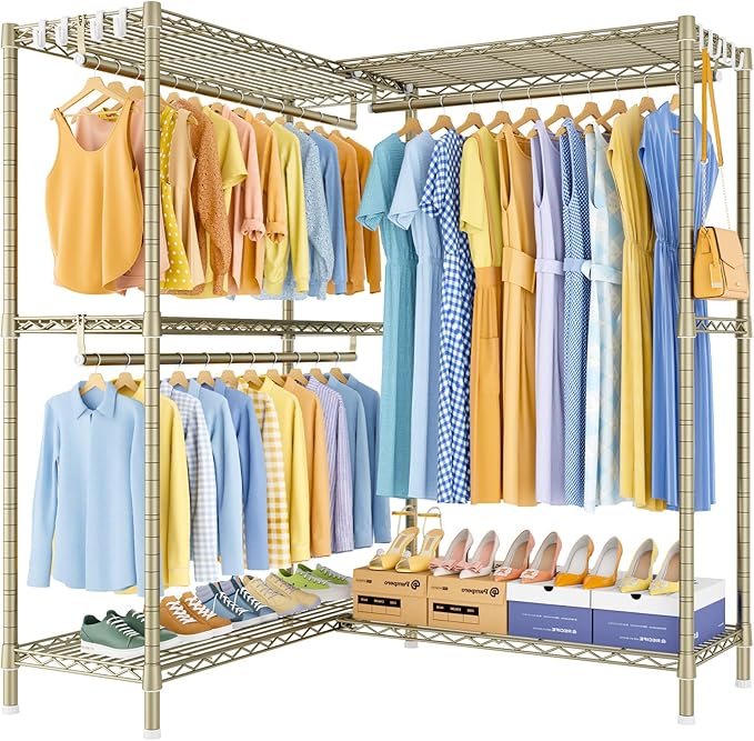 E15 Pro Garment Rack L Shaped Clothes Rack for Corner，Freestanding Clothing Racks for Hanging Clothes，Heavy Duty Closet System with 4 Hanging Rods & 8 S Hooks，48.8"W x 15.8"D x 78.4"H，Gold