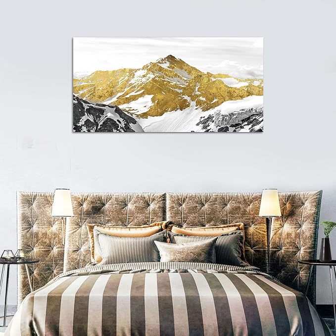 Golden Mountain Canvas Wall Art for Living Room Snowy Mountains Hill Landscape Wall Decor Abstract Black and Gold Mountain Scenery Print Picture Large Artwork for Bedroom Office Home Decoration 20x40"