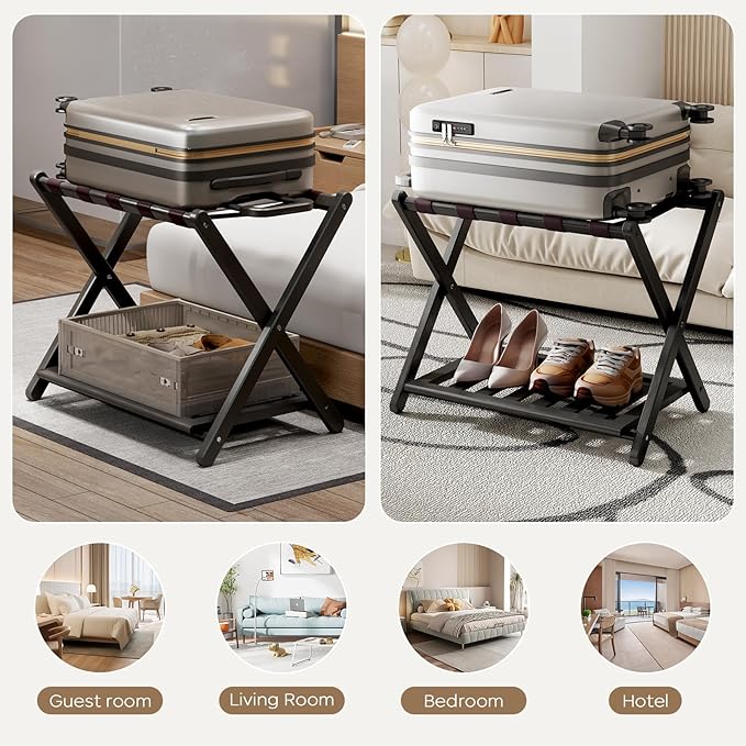 26.77" L Luggage Rack for Guest Room - Set of 2 Full Assembled Luggage Rack Stand for Suitcases, Foldable Luggage Holders with Shoe Shelf for Bedroom, Hotel (Black Bamboo Suitcase Stands)