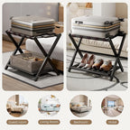 26.77"L Luggage Rack for Guest Room - 1 Pack Full Assembled Luggage Rack Stand for Suitcases, Foldable Luggage Holders with Shoe Shelf, 5 Nylon Straps for Bedroom, Hotel (Black Bamboo Suitcase Stands)