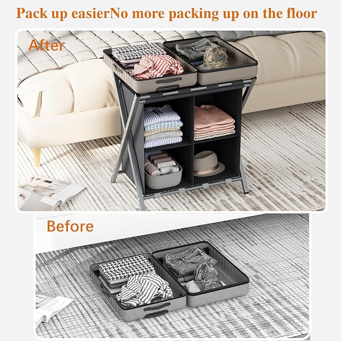 aboxoo 2 Pack Luggage Rack with storage, Guest Room Folding Suitcase Stands, Holds up to 120 lb, Space Saving Suitcase Holders for guest room, Bedroom Hotel, Grey