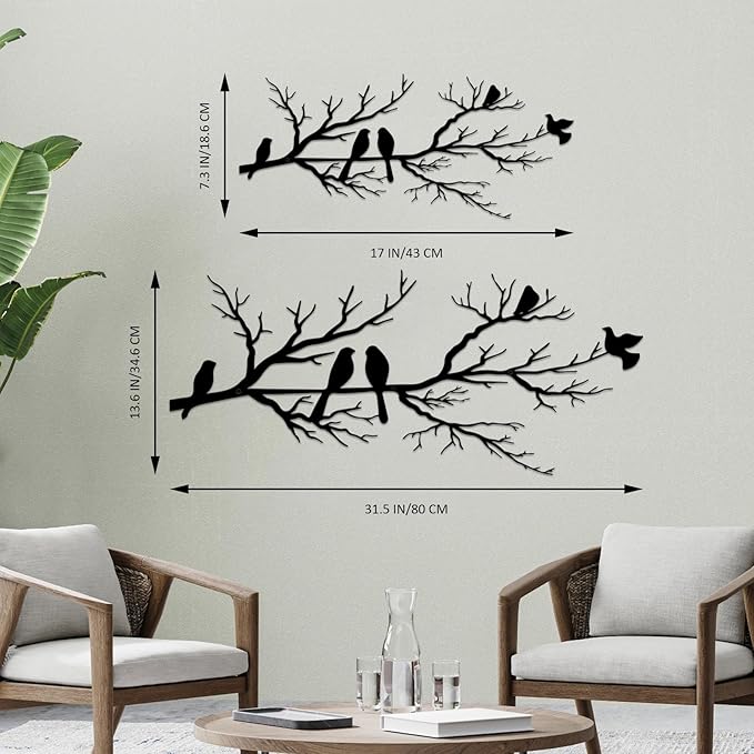 Metal Birds Wall Art, Metal Vivid Birds on Branch Silhouette Wall Decor Black Leaves with Bird Outdoor Hanging Wall Sculpture for Home Balcony Garden(Large)
