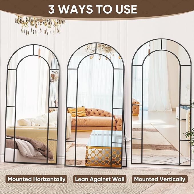 Antok 81" x 41" Full Length Mirror, Floor Mirror Arched Window Decorative Mirror, Metal Framed Decor Farmhouse Floor Mirrors Art Pane Mirrors Wall Decor for Bedroom, Living Room, Entryway Bronwn
