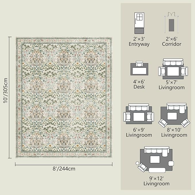 Washable Area Rug 8x10 - Vintage Floral Living Room Rug for Dining Room (Under Table), Bedroom - Stain Resistant, Soft Low Pile, Non-Slip Large Carpet