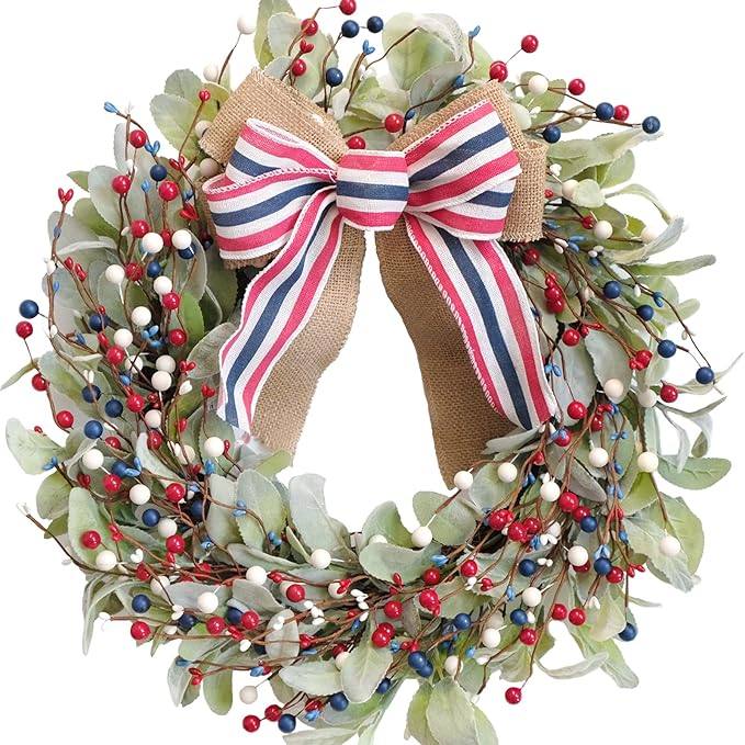 TEMPUS 20" Patriotic Wreath for Front Door - 4th of July Independence Day Decor with Red White Blue Berries & Lamb's Leaves - Memorial Day Labor Day Home Decoration