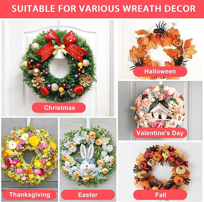 12” Metal Over The Door Wreath Hanger for Front Door – Non-Scratch Door Hook for Hanging Christmas Wreaths, Holiday Decor & Welcome Signs, Durable Wreath Hanger Hooks for Home Decoration, White