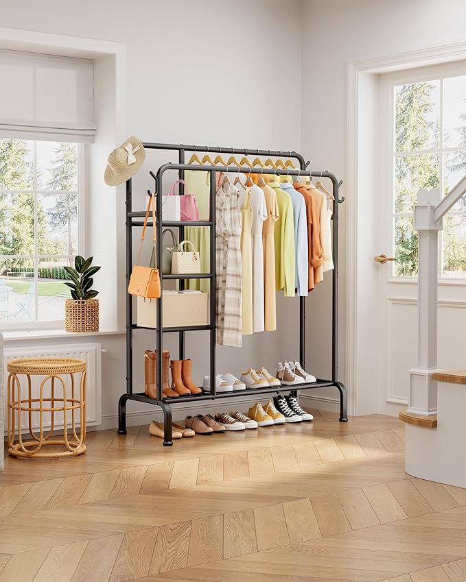Clothes Rack - Double-Rod Clothing Rack with Built-In Hooks & Shelves, Multi-Functional Wardrobe Closet for Bedroom, Living Room, Entryway, 41.3" x 15.3" x 59.8", Black