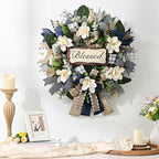 Waipfaru Spring Summer Wreaths for Front Door, 22 Inch Magnolia Wreath with Eucalyptus & Blue Grey Burlap Bow, Front Door Wreath for Farmhouse Porch Outdoor Decor Outside All Season (1 Pcs)