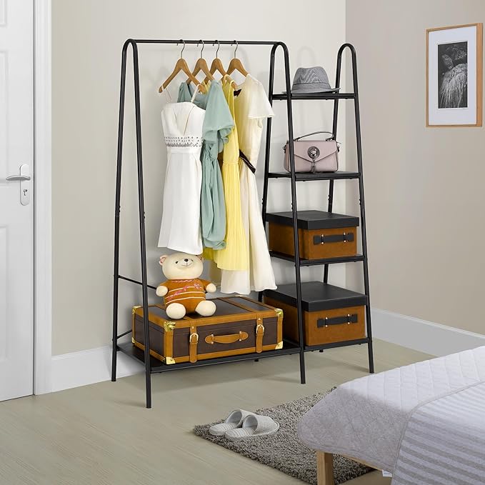 Finnhomy Rustic Clothes Rack, Clothing Rack for Hanging Clothes Heavy Duty Garment Rack with 5 Wood Shelves Freestanding Portable Closet Organizer for Bedroom/Entryway/Boutiques，Matte Black