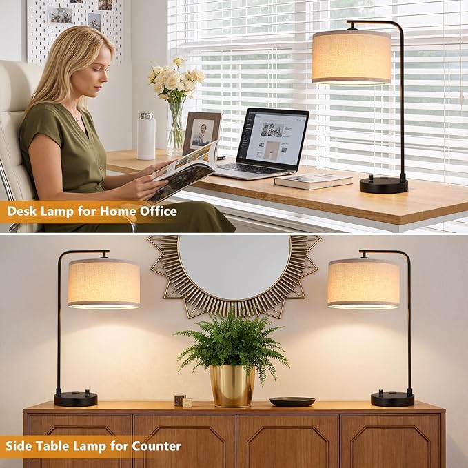 Innqoo Bedside Table Lamps for Bedroom Set of 2-Dimmable Nightstand Lamps with USB Port and Outlet,Modern Black Lamps with Linen Shade,Tall Desk Lamps for Home Office Bedroom Living Room End Table