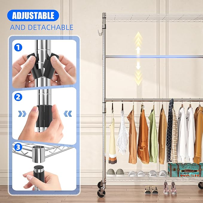 Simple Trending Rolling Clothes Rack, Clothing Rack, Garment Racks for Hanging Clothes, Freestanding Portable Closet Organizer, Heavy Duty, Max Load 450LBS, Chrome