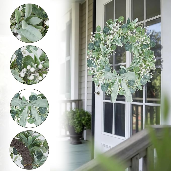 24" Summer Wreath for Front Door, Lamb Ear Grapevine Wreath, Artificial White Baby's Breath Berries Green Bow Decoration for Summer Farmhouse Indoor Staircase Outdoor Porch Decor