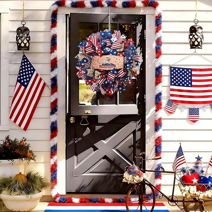 250th Anniversary Patriotic Wreath, 4th of July Wreaths for Front Door with Wooden Eagle Door Sign & Red White Blue Ribbon for Independence Day Memorial Day Patriotic Decorations(18In, 2Pcs)