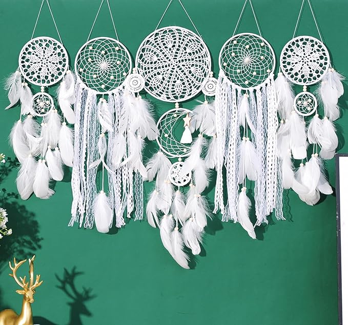 Dream Catchers Boho Wall Decor - Handmade Moon and Sun Feather Dreamcatcher Set, Traditional Native American Wall Hanging for Kids Bedroom, Adult Living Room, Home Bohemian Decor (White, 5 pcs)