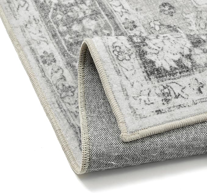 Gray 6x9 Area Rug Washable Vintage Living Room Carpet Non Slip Retro Distressed Low Pile Soft Oriental Medallion Thin Large Grey Throw Rug for Office Bedroom Dining Room Playroom