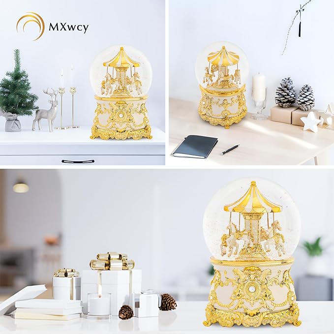 Carousel Music Box Gold & Ivory Christmas Snow Globes, 7.1" Glass Rotate Carousel Snow Globe for Kids & Adults, Classic Wind up Musical Snow Globe Birthday Gifts, Carousel Horse Home Decor