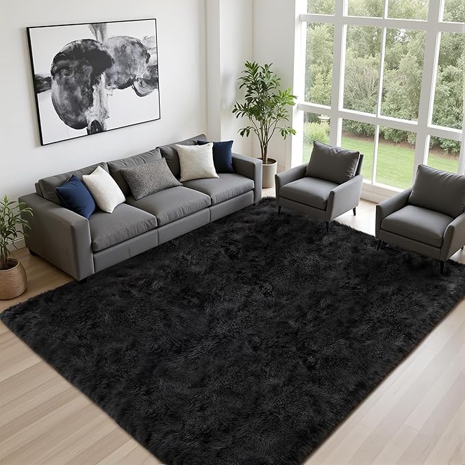 Fluffy Area Rugs 9x12 Living Room Bedroom: Ultra Soft Shag Rug Upgrade Non-Slip Non-Shedding Large Fuzzy Plush Carpet Indoor Floor Carpets for Kids Room Playroom Nursery Dorms Home Decor Black