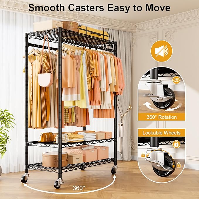 P7 Rolling Clothes Rack, Clothing Racks for Hanging Clothes, Heavy Duty Garment Rack with Wheels, 3 Tiers Freestanding Portable Closet Rack 45''W × 20.5''D × 80.5''H, Max Load 480 lbs, Black