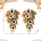Glitzhome 2 Pcs Fall Teardrop Swags for Front Door, 28''H Autumn Swag with Neutral Sunflower, Pumpkin and Leaf, Fall Swags for Front Door, Thanksgiving Harvest Festivals Decor