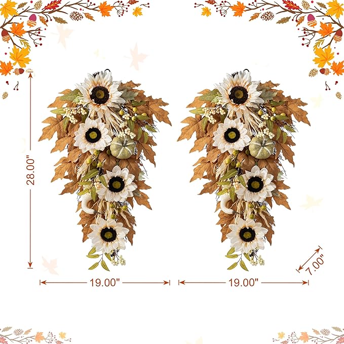 Glitzhome 2 Pcs Fall Teardrop Swags for Front Door, 28''H Autumn Swag with Neutral Sunflower, Pumpkin and Leaf, Fall Swags for Front Door, Thanksgiving Harvest Festivals Decor