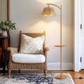 Oneach 63.5" Floor Lamp with Table for Living Room, Boho Rattan Standing Lamps with Foot Switch, Farmhouse Floor Lamp for Bedroom, Arc Tall Lamp with Metal Base&Pole, Bulb not Included, Woodgrain