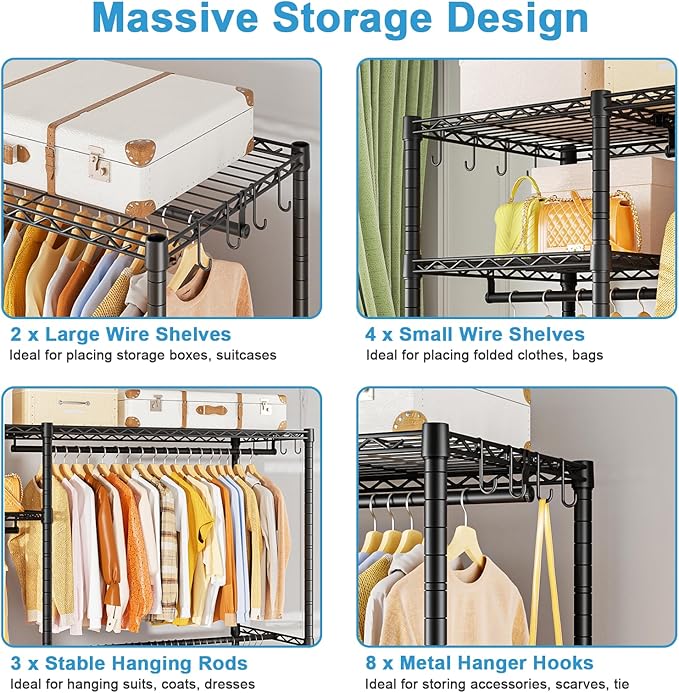 Ulif F7 Garment Rack, Heavy Duty Clothes Rack, Clothing Racks for Hanging Clothes, 6-Tiers Freestanding Portable Closet Storage Rack 58'' W × 14.6'' D × 76.6'' H, Max Load 800 Lbs, Black